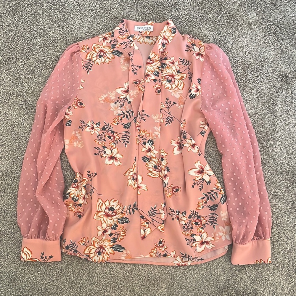 Kate Kasin size XL Womens Bow Tie Long Sleeve Blouse Swiss Dot Pink Floral